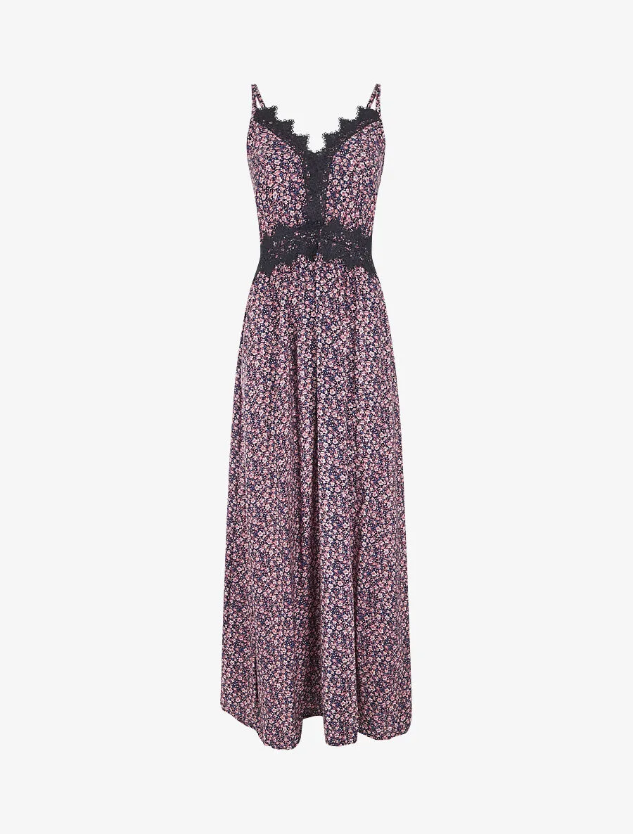 Robe longue petites fleurs à detail broderies - Marine